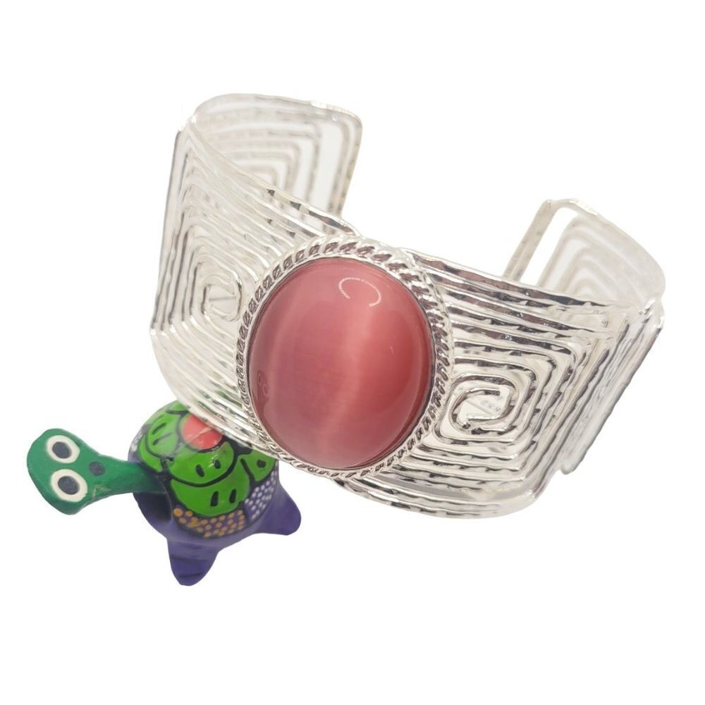 High Polished Silver Color Metal Beaded Cuff Cat's Eye Bracelet